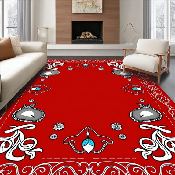 ODIKA 8'x10' Machine Washable Non-Slip Area Rug, Vintage Ornament Array Featuring Swirling Ribbons and Pinecone Accents High Traffic Rug with Pad, Red, 629918