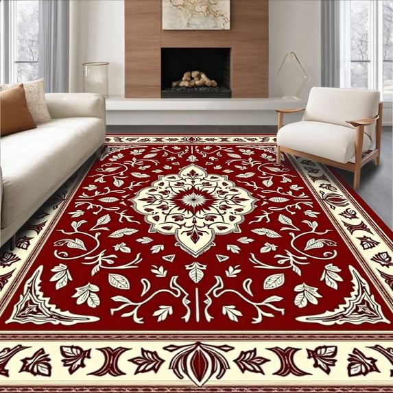 ODIKA 8'x10' Machine Washable Non-Slip Area Rug, Vintage Paisley Motif with Elaborate Floral Vine Arrangements High Traffic Rug with Pad, Burgundy, 665866
