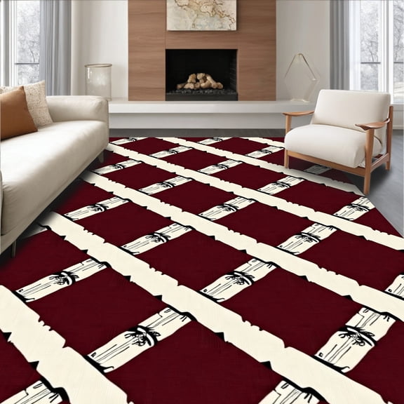 ODIKA 8'x10' Machine Washable Non-Slip Area Rug, Vintage Plaid Christmas Grid Traditional Accent High Traffic Rug, Maroon, 617045