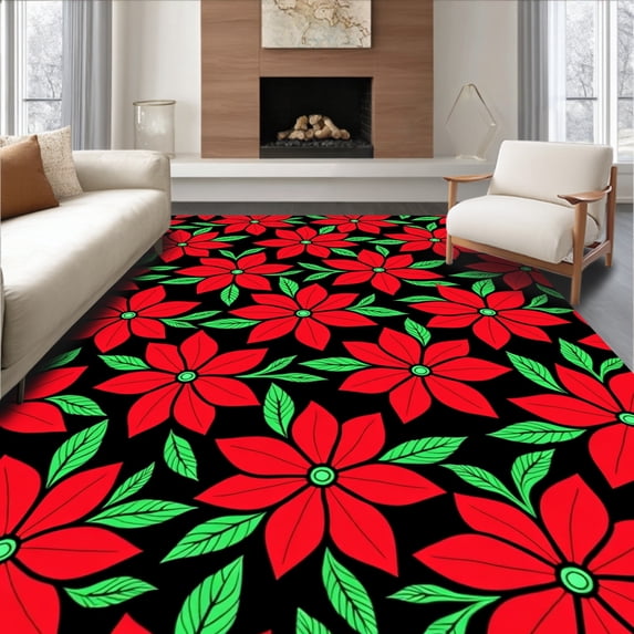ODIKA 8'x10' Machine Washable Non-Slip Area Rug, Vintage Poinsettia Bloom Crochet Hook Kit Traditional Floral High Traffic Rug with Pad, Black, 633050