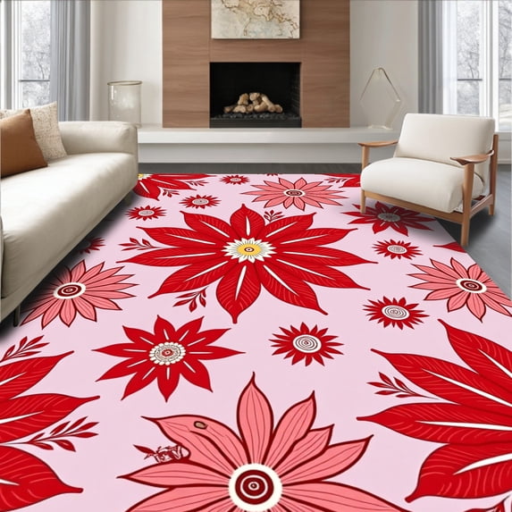 ODIKA 8'x10' Machine Washable Non-Slip Area Rug, Vintage Poinsettia Bloom with Classic Flower Petal Arrangements High Traffic Rug, Red, 605596