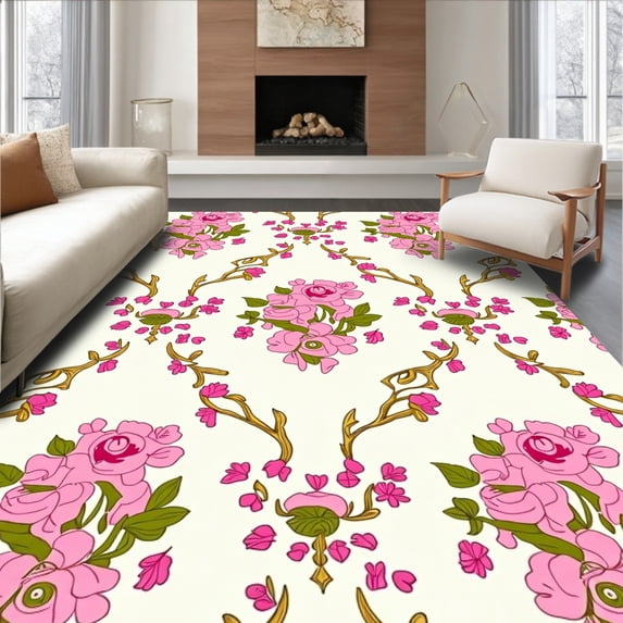 ODIKA 8'x10' Machine Washable Non-Slip Area Rug, Vintage Rose Garden Damask Design Low Pile High Traffic Rug with Pad, Pink, 438730