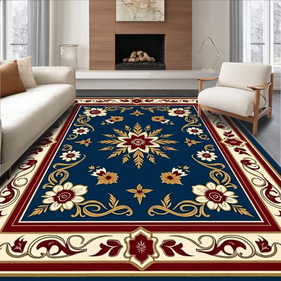 ODIKA 8'x10' Machine Washable Non-Slip Area Rug, Vintage Rose Garden Latch Hook Kit with Victorian Blooms and Vines High Traffic Rug, Blue, 645902