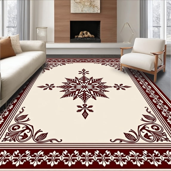 ODIKA 8'x10' Machine Washable Non-Slip Area Rug, Vintage Snowflake Medallion Holiday with Festive Border Design High Traffic Rug, Brown, 611477