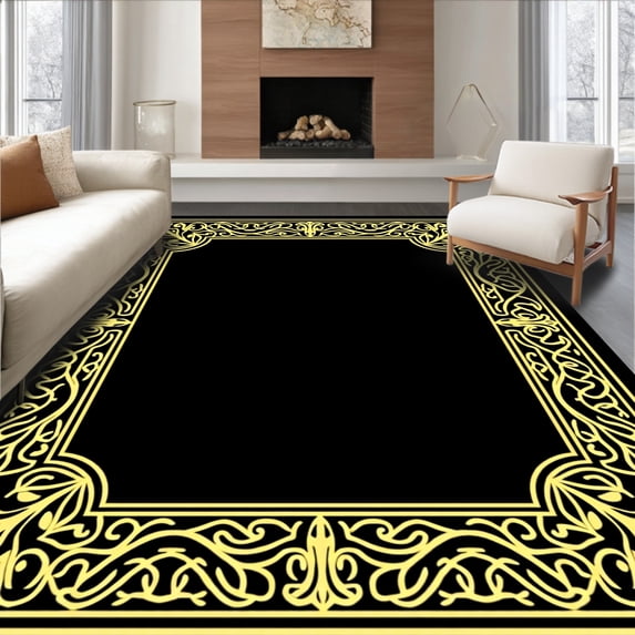 ODIKA 8'x10' Machine Washable Non-Slip Area Rug, Vintage Symmetrical Decorative Artwork High Traffic Rug, Black, 579231