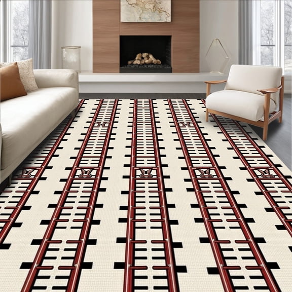 ODIKA 8'x10' Machine Washable Non-Slip Area Rug, Vintage Train Track Layout with Classic Railroad High Traffic Rug, Beige, 475946