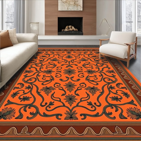 ODIKA 8'x10' Machine Washable Non-Slip Area Rug, Vintage Trellis Mud Catching Barrier High Traffic Rug, Orange, 587932