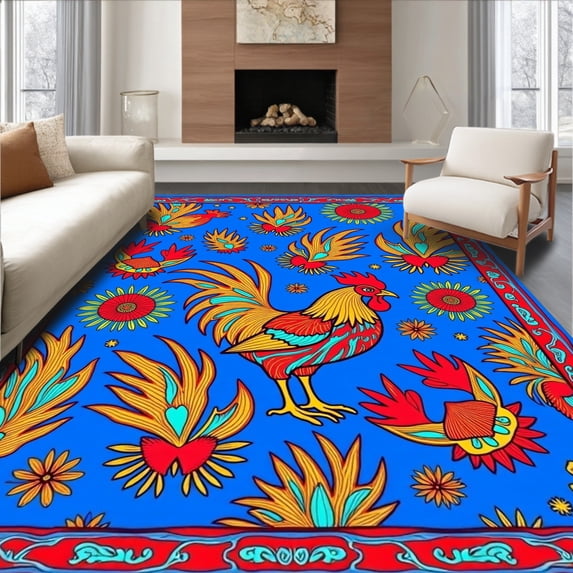 ODIKA 8'x10' Machine Washable Non-Slip Area Rug, Vivid Rooster Motif with Whimsical Feather Swirl Design High Traffic Rug, Blue, 643083