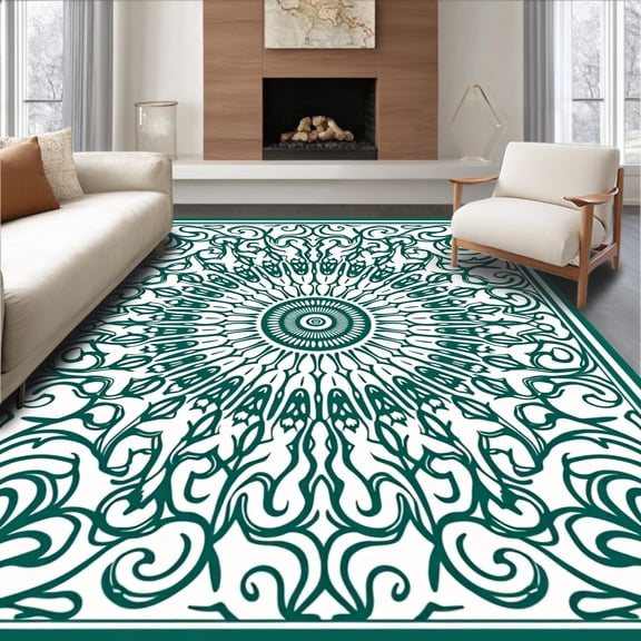 ODIKA 8'x10' Machine Washable Non-Slip Area Rug, Wave Inspired Nautical Medallion Reversible Straw High Traffic Rug, Green, 716895
