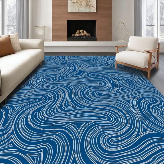 ODIKA 8'x10' Machine Washable Non-Slip Area Rug, Wave Motif With Interlocking Stripes And Nautical Accents High Traffic Rug with Pad, Blue, 550215