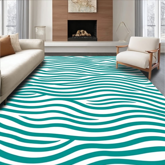 ODIKA 8'x10' Machine Washable Non-Slip Area Rug, Wave Ripple Lattice High Traffic Rug, Blue, 716877