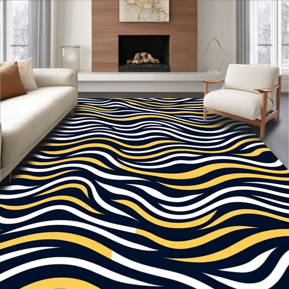 ODIKA 8'x10' Machine Washable Non-Slip Area Rug, Wavy Undulating Curved Swirl Artistic Dynamic Flow Arrangement High Traffic Rug, Blue, 581862
