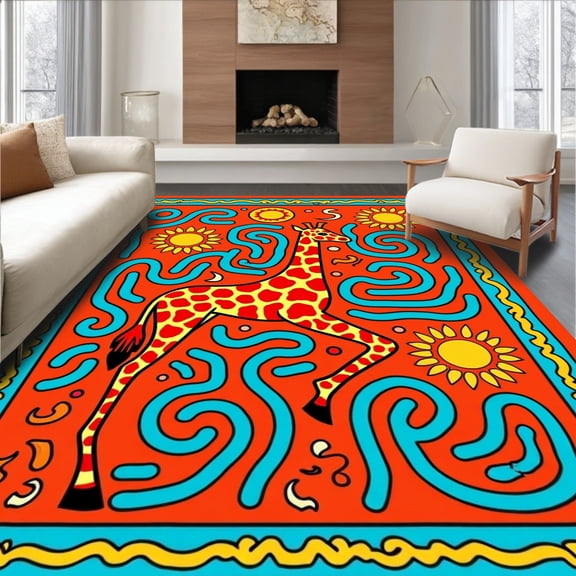 ODIKA 8'x10' Machine Washable Non-Slip Area Rug, Whimsical Abstract Animal Inspired Featuring Giraffe and Sun Motifs High Traffic Rug, Orange, 645936