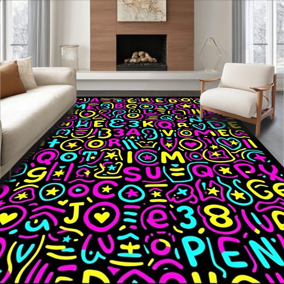 ODIKA 8'x10' Machine Washable Non-Slip Area Rug, Whimsical Alphabet Parade with Interlocking Letter Motifs and Playful Icons High Traffic Rug, Black, 689934