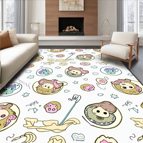 ODIKA 8'x10' Machine Washable Non-Slip Area Rug, Whimsical Barnyard Adventure with Smiling Animals and Farm Tools Motif High Traffic Rug, Beige, 682746