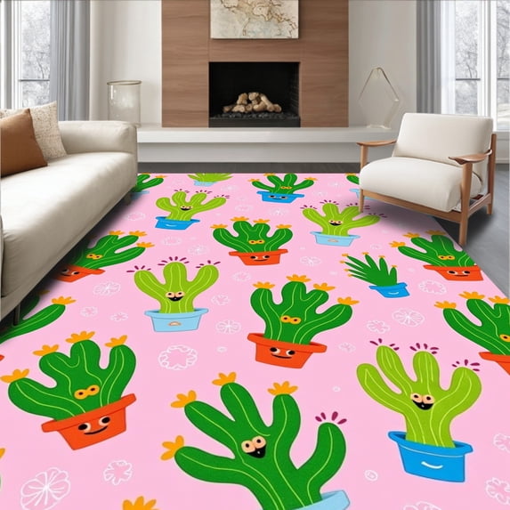 ODIKA 8'x10' Machine Washable Non-Slip Area Rug, Whimsical Cactus Garden with Cheerful Faces and Playful Southwestern Motifs High Traffic Rug, Pink, 721906