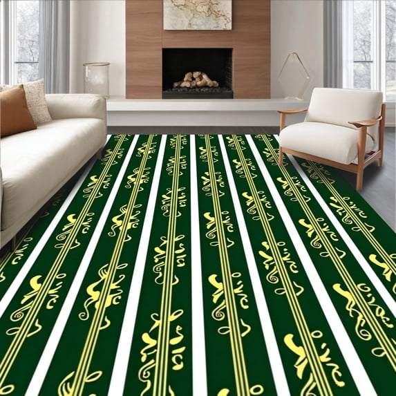 ODIKA 8'x10' Machine Washable Non-Slip Area Rug, Whimsical Cane Stripes with Twinkling Starbursts and Curly Ribbons High Traffic Rug with Pad, Green, 625441