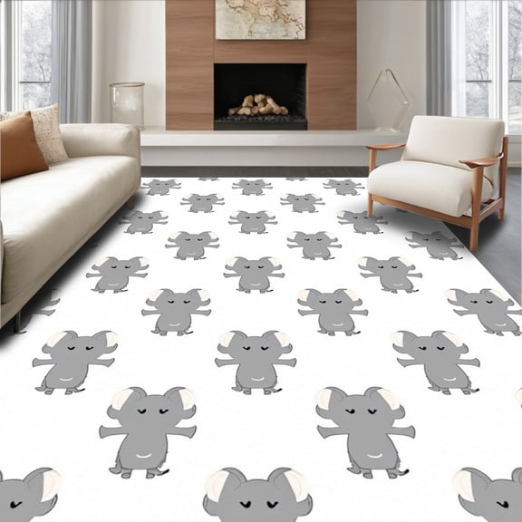 ODIKA 8'x10' Machine Washable Non-Slip Area Rug, Whimsical Cartoon Mouse Floor Covering with Playful Icons High Traffic Rug, Gray, 460365