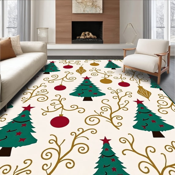 ODIKA 8'x10' Machine Washable Non-Slip Area Rug, Whimsical Christmas Grove with Vintage Ornament Motifs High Traffic Rug, Green, 622185