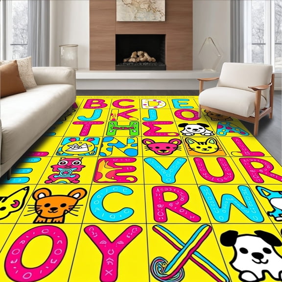 ODIKA 8'x10' Machine Washable Non-Slip Area Rug, Whimsical Creature ABC with Bold Lettering and Playful Motifs High Traffic Rug, Yellow, 699504