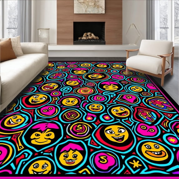 ODIKA 8'x10' Machine Washable Non-Slip Area Rug, Whimsical Creature Mosaic with Fun Animal and Numbers High Traffic Rug, Yellow, 685654