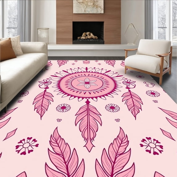ODIKA 8'x10' Machine Washable Non-Slip Area Rug, Whimsical Dreamcatcher Enchanted Bohemian Wonderland High Traffic Rug with Pad, Pink, 447675