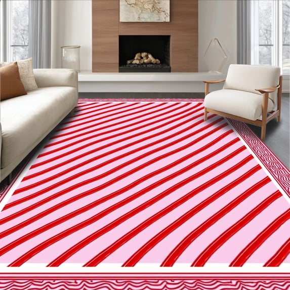 ODIKA 8'x10' Machine Washable Non-Slip Area Rug, Whimsical Entry with Diagonal High Traffic Rug, Pink, 737964