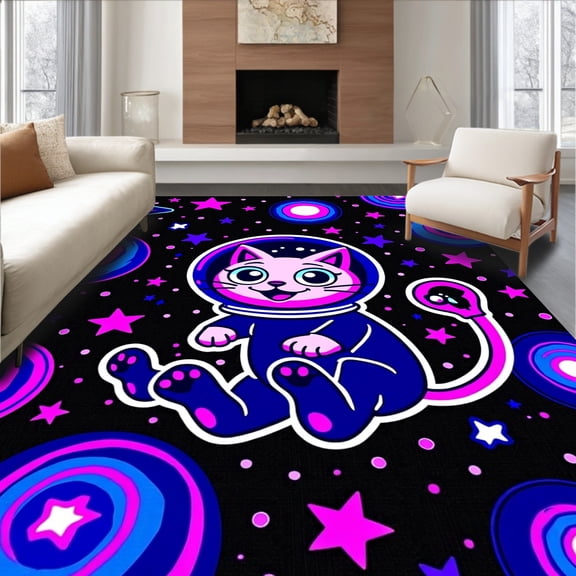 ODIKA 8x10 Machine Washable Non-Slip Area Rug, Whimsical Feline Astronaut Exploring Cosmic Adventure Bath High Traffic Rug, Black, 656314