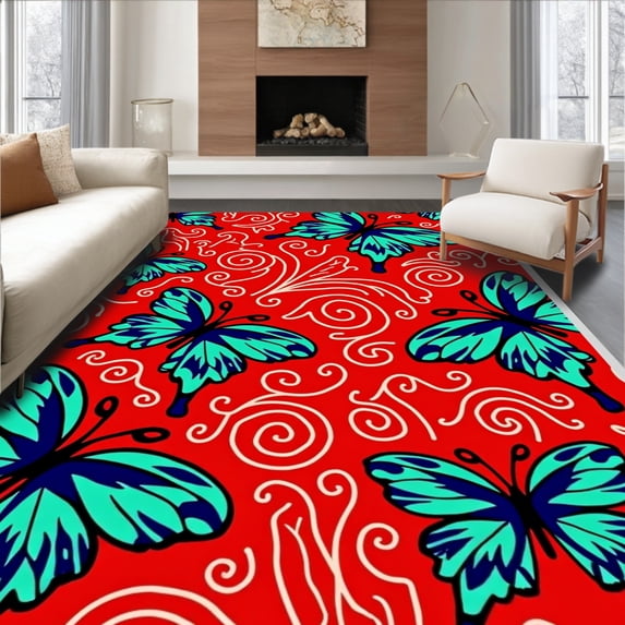ODIKA 8'x10' Machine Washable Non-Slip Area Rug, Whimsical Flight Jungle Playmat Development High Traffic Rug, Red, 721180