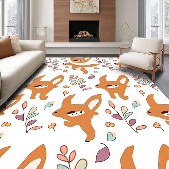 ODIKA 8'x10' Machine Washable Non-Slip Area Rug, Whimsical Forest Friends Motif with Playful Animal and Leafy Accents High Traffic Rug, Orange, 724249
