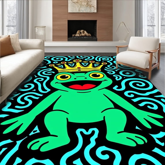 ODIKA 8'x10' Machine Washable Non-Slip Area Rug, Whimsical Frog Prince Design with Bold Contours and Vibrant Accents High Traffic Rug with Pad, Green, 619526