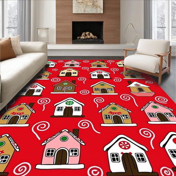 ODIKA 8'x10' Machine Washable Non-Slip Area Rug, Whimsical Gingerbread Village Hallway Beautification High Traffic Rug with Pad, Red, 605911