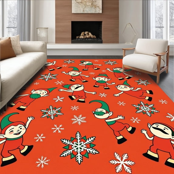 ODIKA 8'x10' Machine Washable Non-Slip Area Rug, Whimsical Holiday Elves Seasonal Front Door Greeting High Traffic Rug, Red, 502746