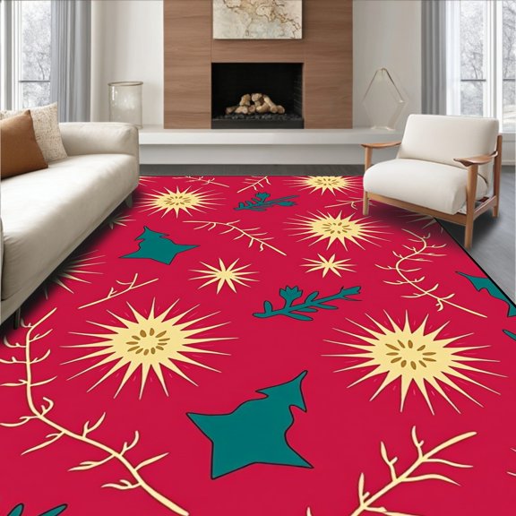ODIKA 8x10 Machine Washable Non-Slip Area Rug, Whimsical Holiday Ornament Featuring Starburst and Branch Designs High Traffic Rug, Red, 650886