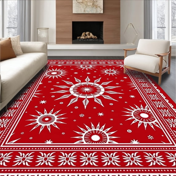ODIKA 8'x10' Machine Washable Non-Slip Area Rug, Whimsical Holiday Starburst Mosaic with Frosted Detailing Accent High Traffic Rug with Pad, Red, 614541