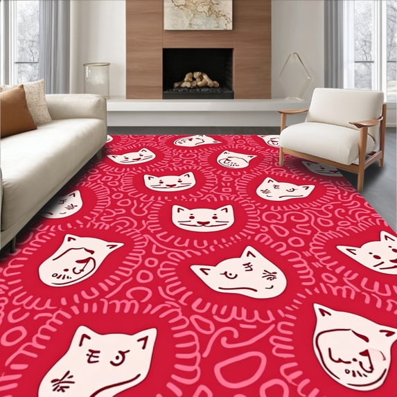 ODIKA 8'x10' Machine Washable Non-Slip Area Rug, Whimsical Jungle Cat Character Art with Abstract Animal Inspired Design High Traffic Rug, Red, 724815