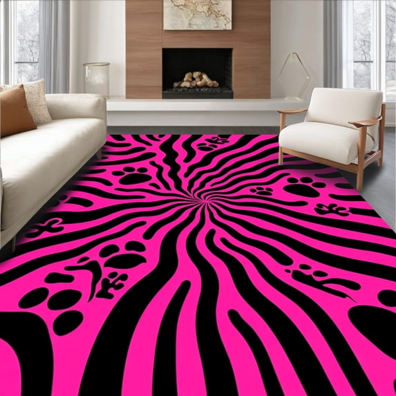 ODIKA 8'x10' Machine Washable Non-Slip Area Rug, Whimsical Jungle Cat Plush with Striped Paw Print Motifs High Traffic Rug, Pink, 723523