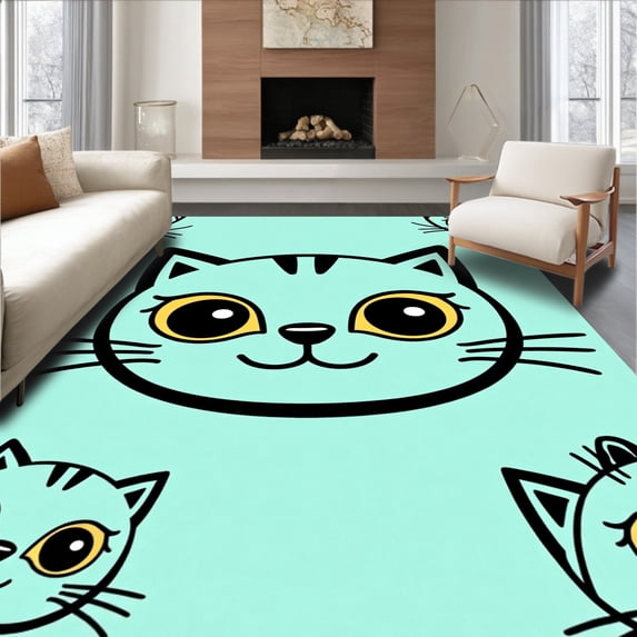 ODIKA 8'x10' Machine Washable Non-Slip Area Rug, Whimsical Kitty Portrait Yarn Looping Decorative Handcraft High Traffic Rug, Blue, 742772