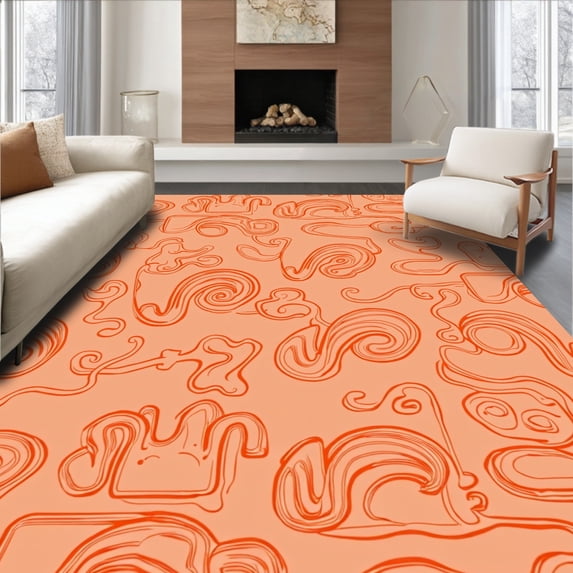 ODIKA 8'x10' Machine Washable Non-Slip Area Rug, Whimsical Letter Blocks with Pastel Polka Dot Accents and Curvy Fonts High Traffic Rug, Orange, 690479