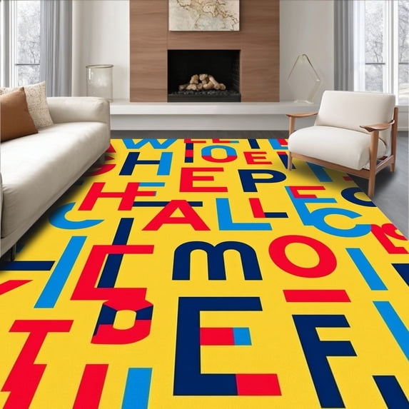 ODIKA 8'x10' Machine Washable Non-Slip Area Rug, Whimsical Letter and Shape Mosaic with Bold Primary Tones High Traffic Rug with Pad, Yellow, 689603