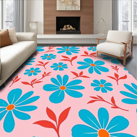 ODIKA 8'x10' Machine Washable Non-Slip Area Rug, Whimsical Ocean Garden with Stylized Blossom Details High Traffic Rug, Pink, 545859