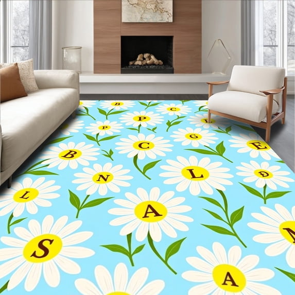 ODIKA 8'x10' Machine Washable Non-Slip Area Rug, Whimsical Petal Wisdom Academic Foundation High Traffic Rug with Pad, Blue, 686402