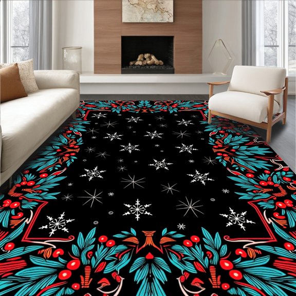 ODIKA 8'x10' Machine Washable Non-Slip Area Rug, Whimsical Pine Branch Cascade with Frosted Berry Ornaments and Starbursts High Traffic Rug, Black, 623597