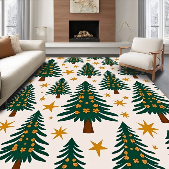 ODIKA 8'x10' Machine Washable Non-Slip Area Rug, Whimsical Pine Grove Scene Featuring Holly Berry Clusters and Details High Traffic Rug with Pad, Green, 653499