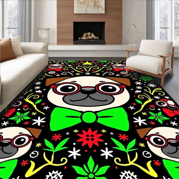 ODIKA 8'x10' Machine Washable Non-Slip Area Rug, Whimsical Pug Portrait with Bow and Spectacles Interlocking Holiday Motifs High Traffic Rug with Pad, Black, 745639