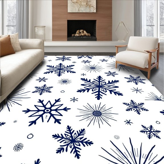 ODIKA 8'x10' Machine Washable Non-Slip Area Rug, Whimsical Snowdrift Mosaic Festive High Traffic Rug, Blue, 740805