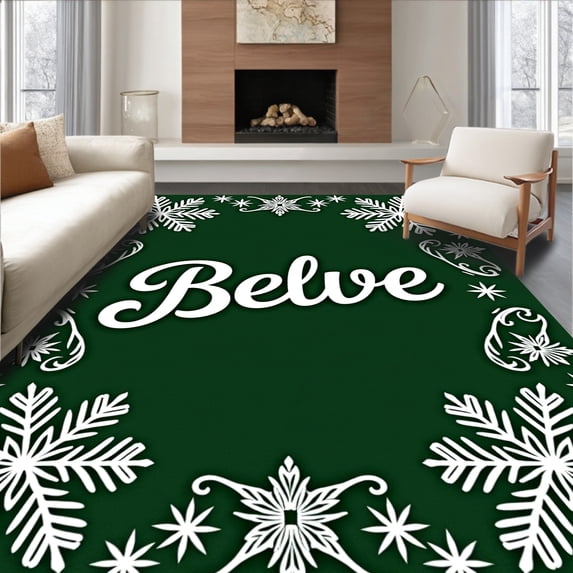 ODIKA 8'x10' Machine Washable Non-Slip Area Rug, Whimsical Snowflake Believe Lettering with Frosted Motifs High Traffic Rug with Pad, Green, 625489