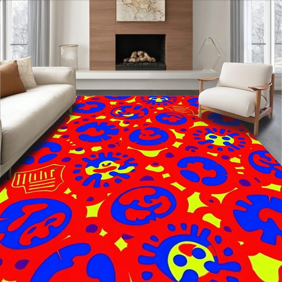ODIKA 8x10 Machine Washable Non-Slip Area Rug, Whimsical Spotty Design Featuring Animated Figures and Bold Colorful Splotches High Traffic Rug, Red, 722274