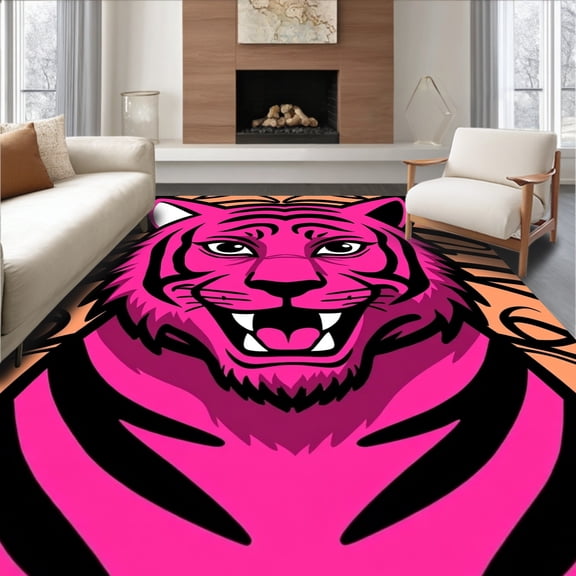 ODIKA 8'x10' Machine Washable Non-Slip Area Rug, Whimsical Striped Predator Cartoon Bath with Playful High Traffic Rug, Pink, 723541