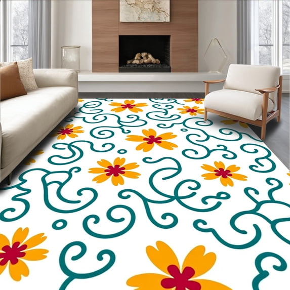 ODIKA 8'x10' Machine Washable Non-Slip Area Rug, Whirlwind Blossom Motif with Festive Interlocking Details High Traffic Rug with Pad, Yellow, 645072
